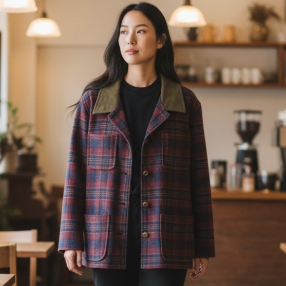 Vintage Pendleton Four Pocket Red Navy Plaid Pattern Button Up Blazer Size 14W - Picture 6 of 13